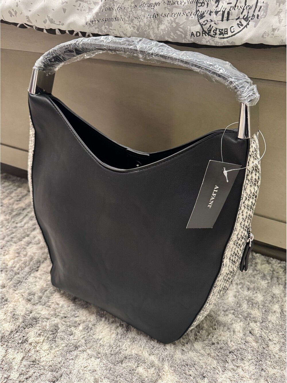 Alfani Black Faux Leather Hobo Shoulder Bag Snake Print Trim